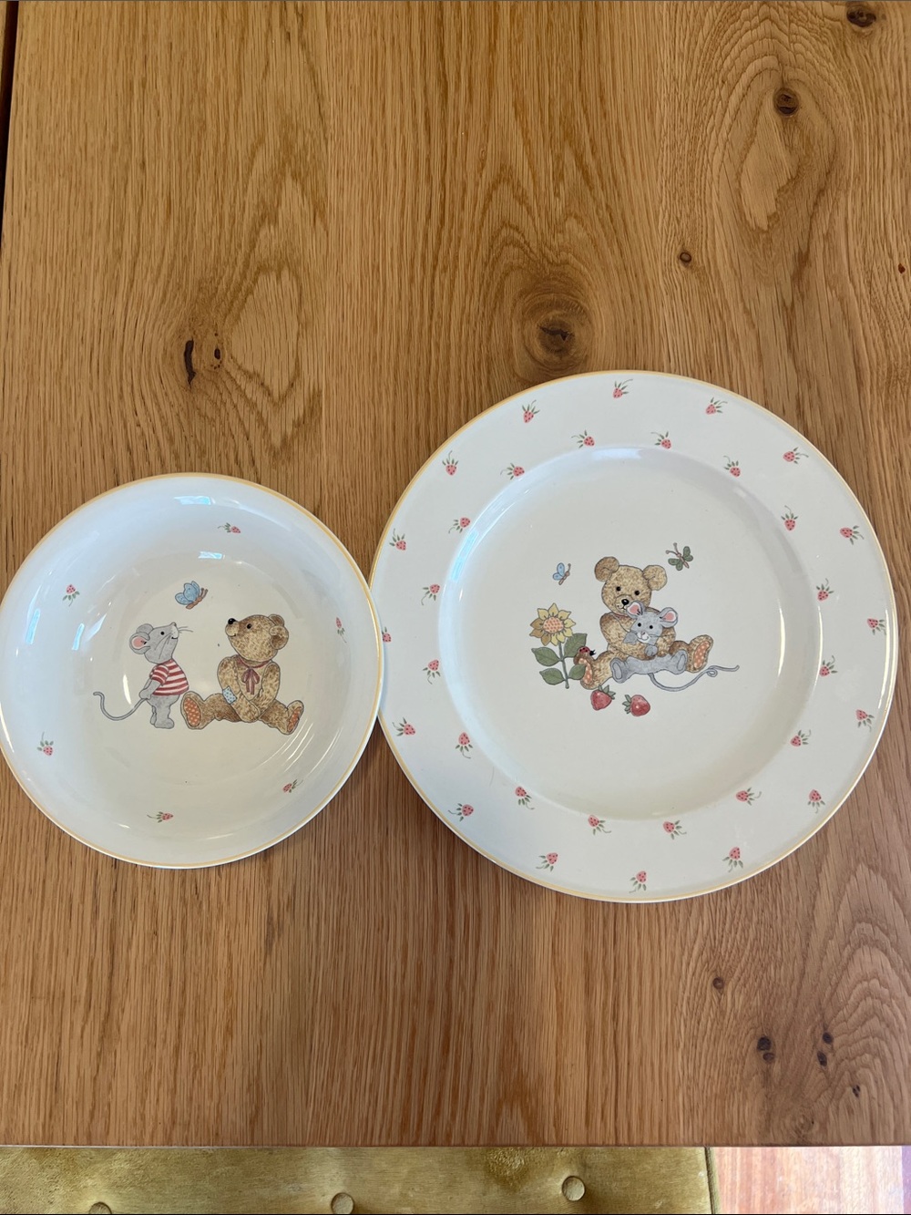 Mikasa Bears 1990s White Plates with Pink Strawberry Trim and Bear & Mouse Motif